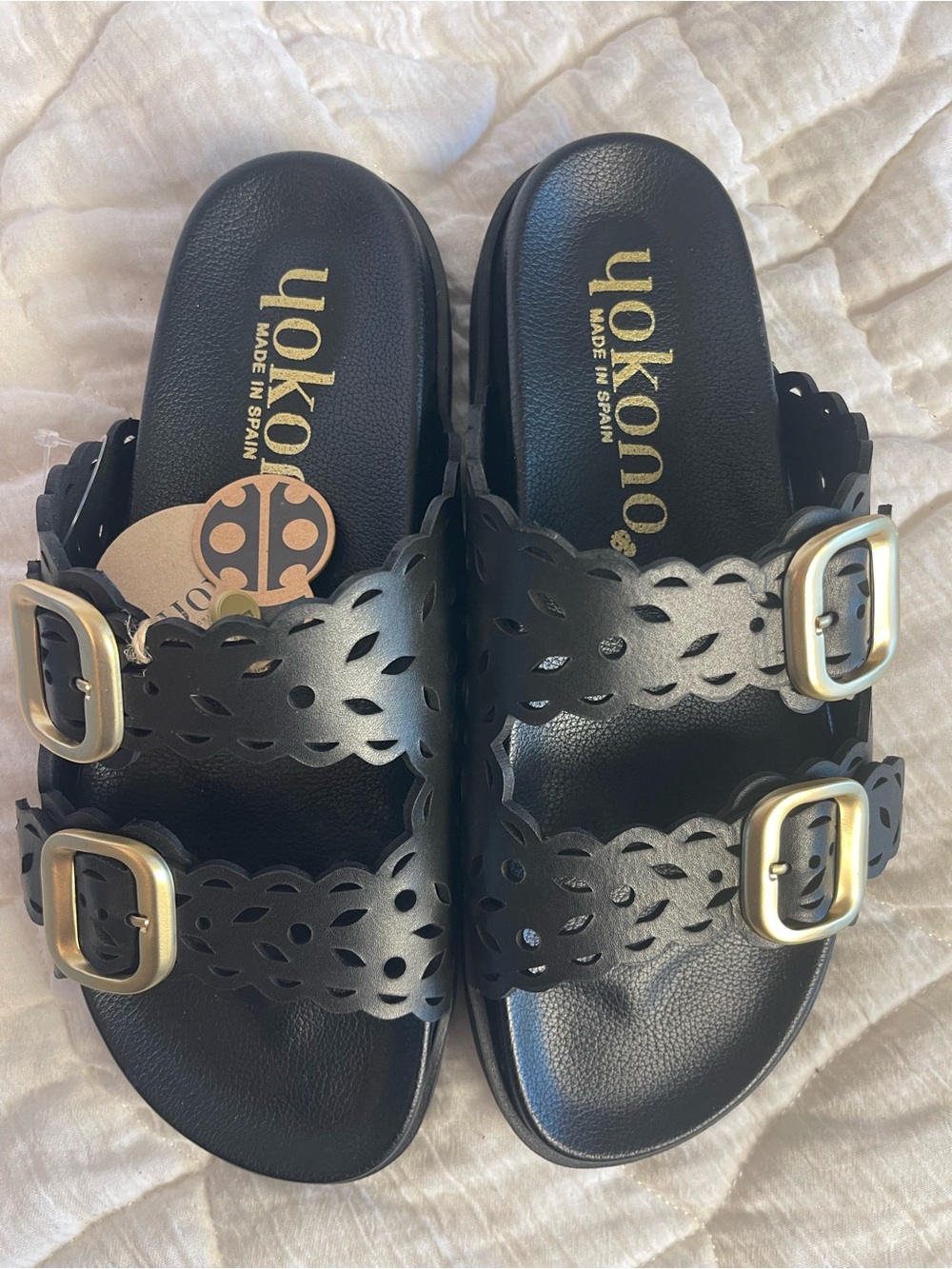 Yokono Black Real Leather Scalloped Double Buckle Slide Sandals EU 38 US 7.5 NWT